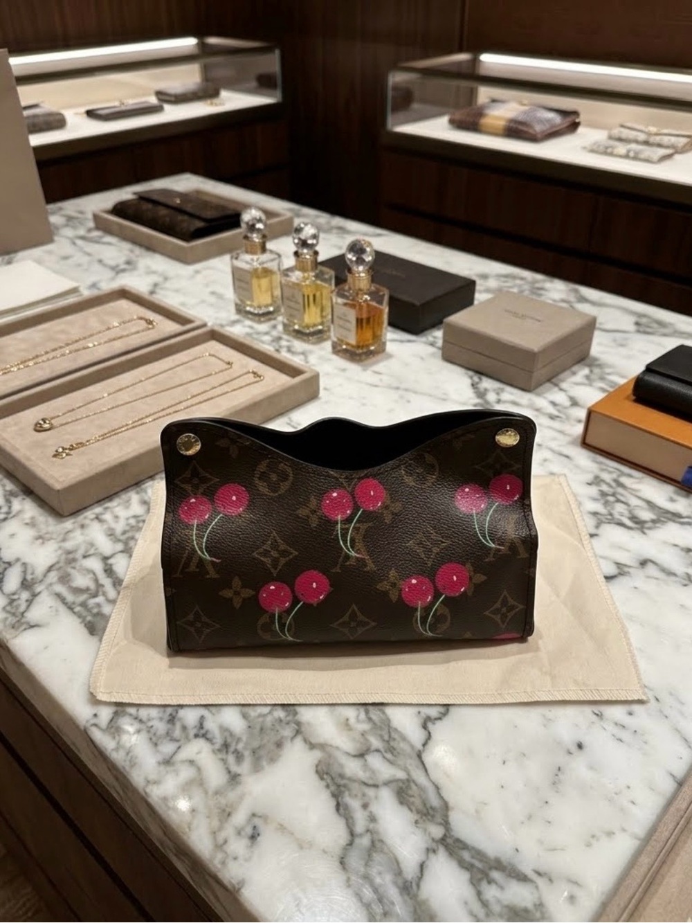Cherry Print Monogram Cosmetic Pouch/Tissue holder in Brown and Pink
